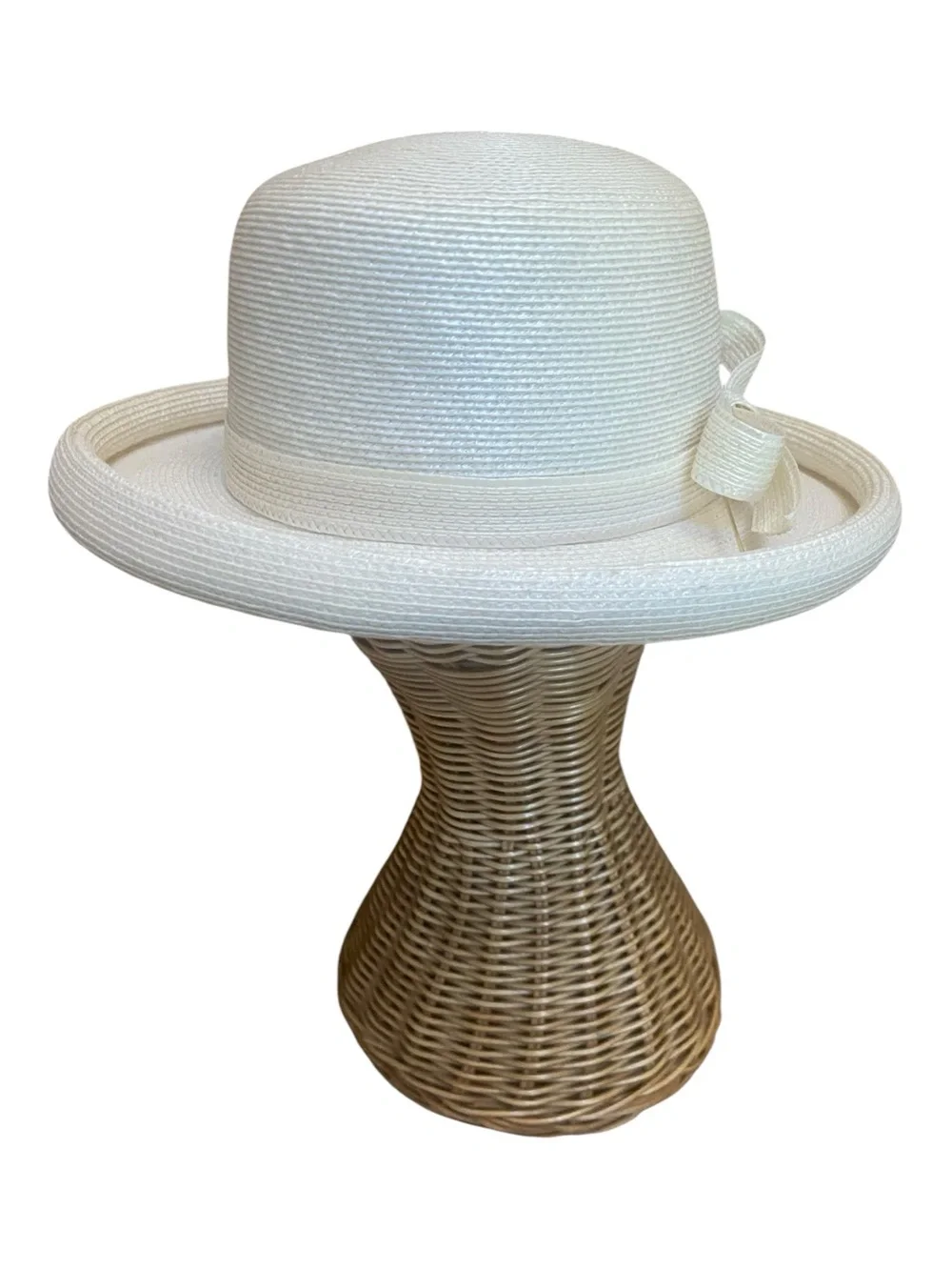 Vintage Women’s Cream Straw Boater Hat With Bow And Pearl Hat Pin 90s Style